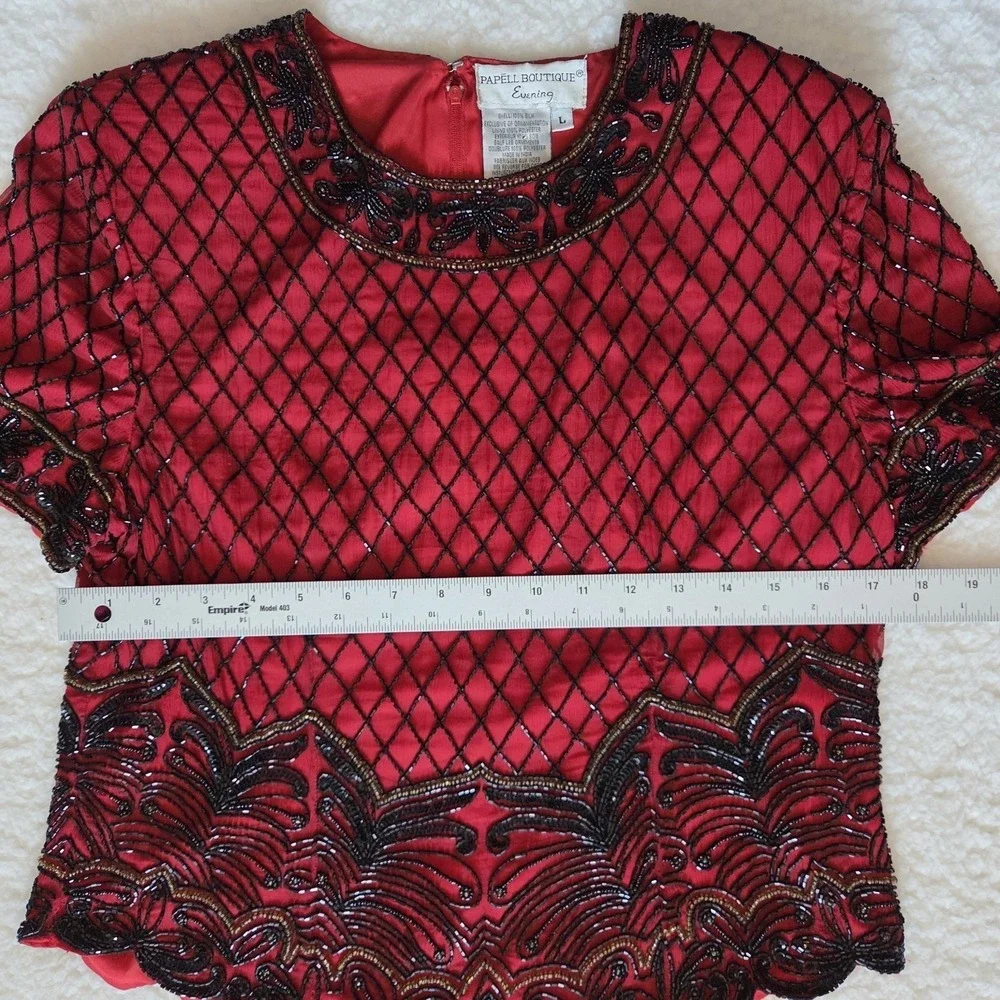 PAPELL BOUTIQUE EVENING BEADED BLOUSE WOMEN'S L 100% SILK VINTAGE RED FLORAL - Picture 6 of 7